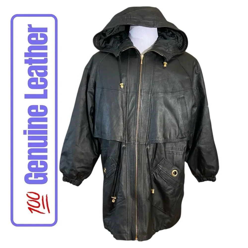 Vintage 90s GIII Leather Jacket Coat Hooded Parka Full Zip Men’s Large Vented